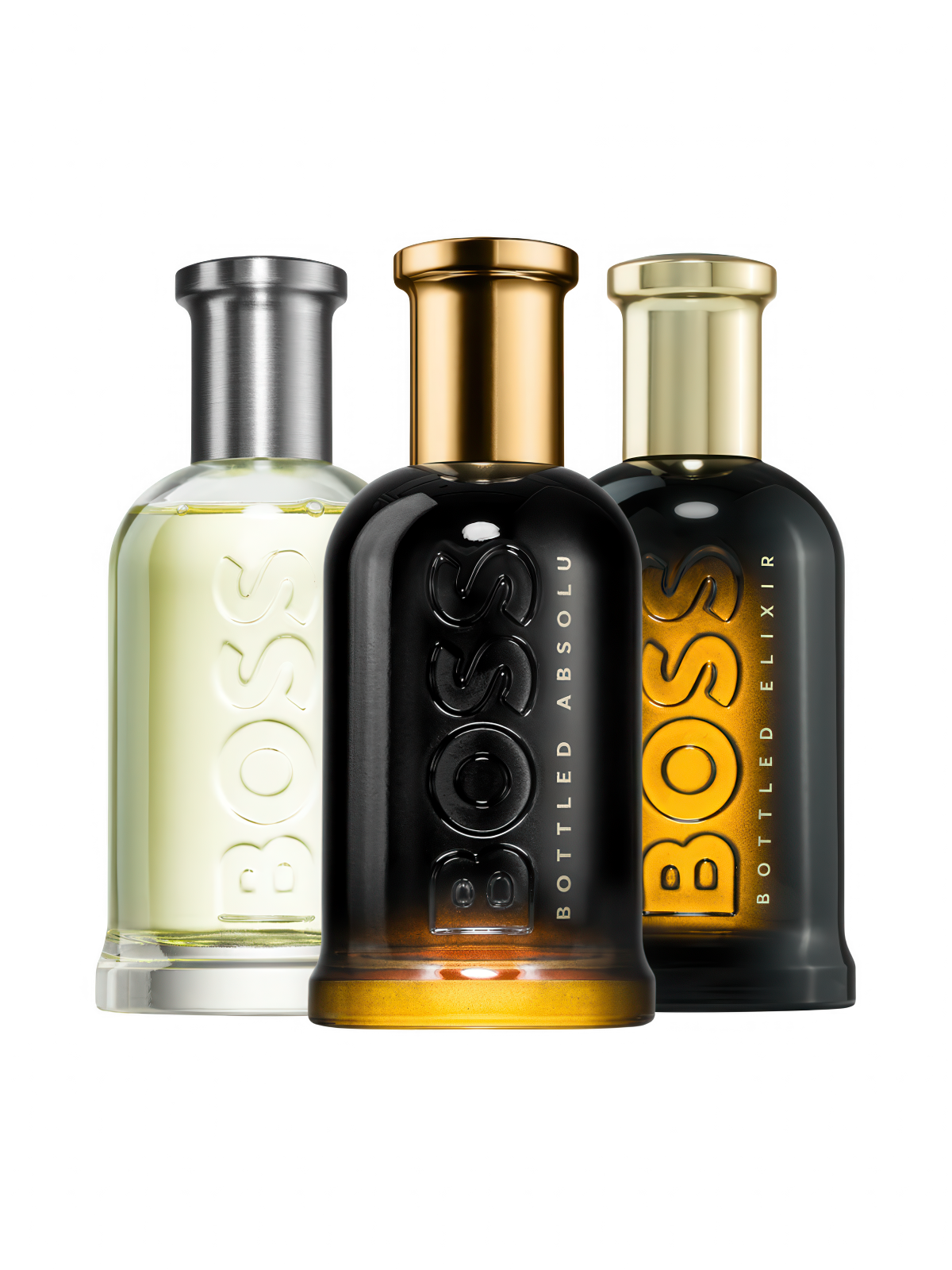 Boss Bottled discovery set with Boss Bottled, Boss Bottled Absolu and Boss Bottled Elixir – modern and masculine fragrance samples for men