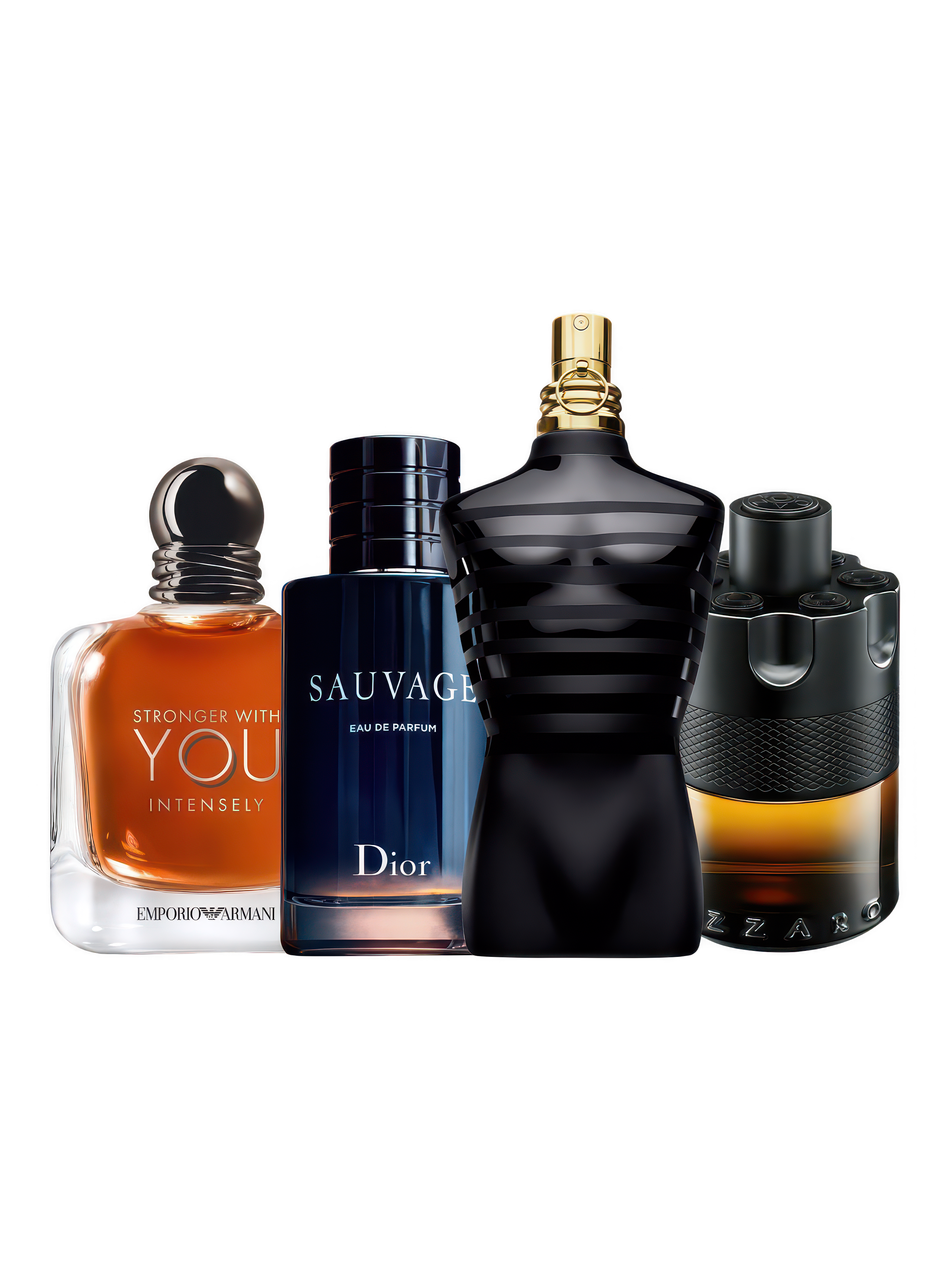 Proefset bestsellers met Stronger With You Intensely, Dior Sauvage Eau de Parfum, Le Male Le Parfum en Azzaro The Most Wanted Parfum – parfum samples voor mannen