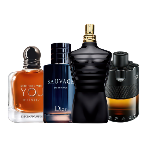 Proefset bestsellers met Stronger With You Intensely, Dior Sauvage Eau de Parfum, Le Male Le Parfum en Azzaro The Most Wanted Parfum – parfum samples voor mannen