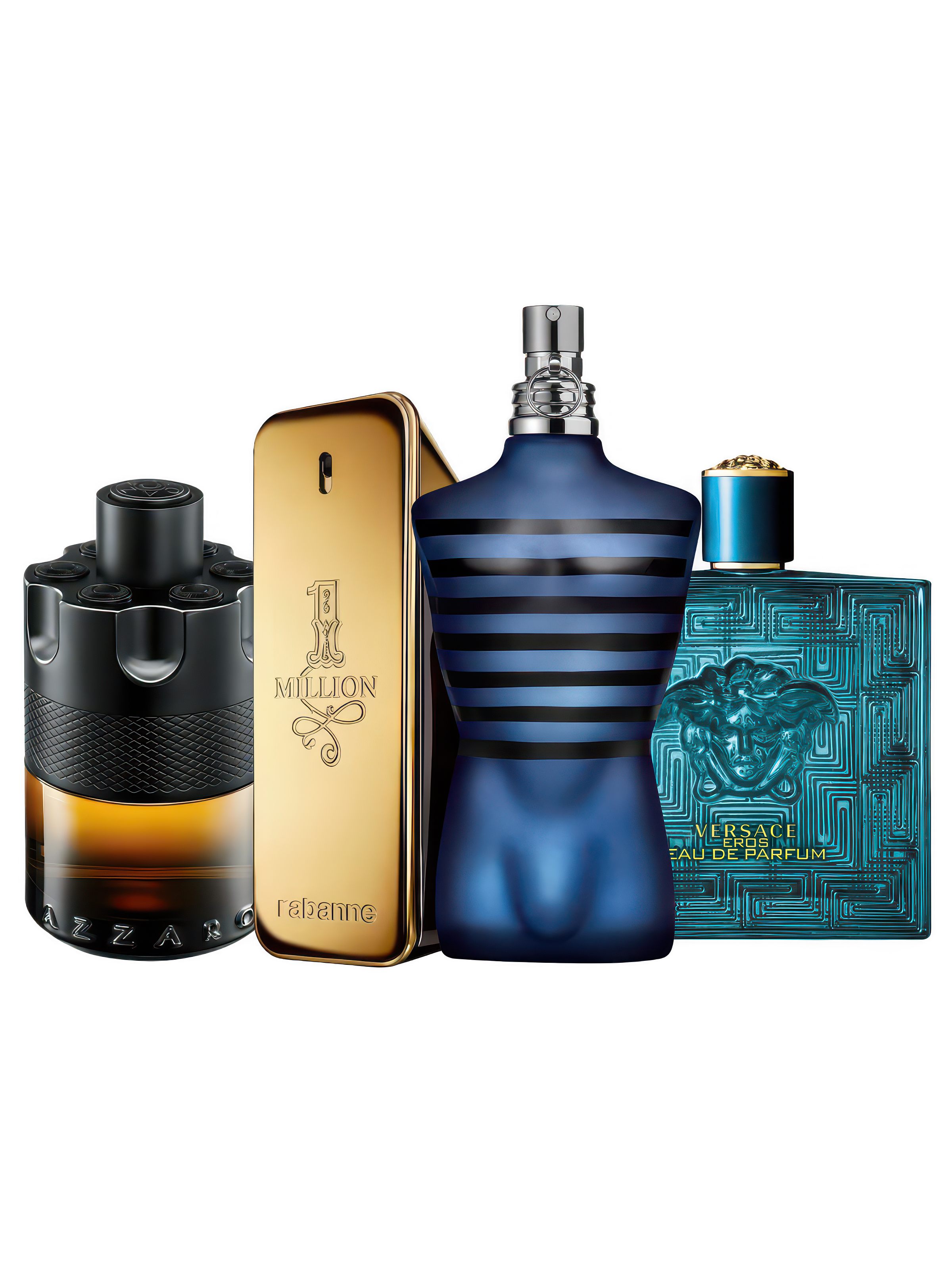 Proefset clubbing met Azzaro The Most Wanted Parfum, Paco Rabanne 1 Million Parfum, Jean Paul Gaultier Ultra Male en Versace Eros Eau de Parfum – krachtige parfum samples voor mannen