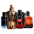 Proefset date night met Dior Sauvage Eau de Parfum, Jean Paul Gaultier Le Male Elixir, Viktor & Rolf Spicebomb Infrared en Armani Stronger With You Absolutely – verleidelijke parfum samples voor mannen