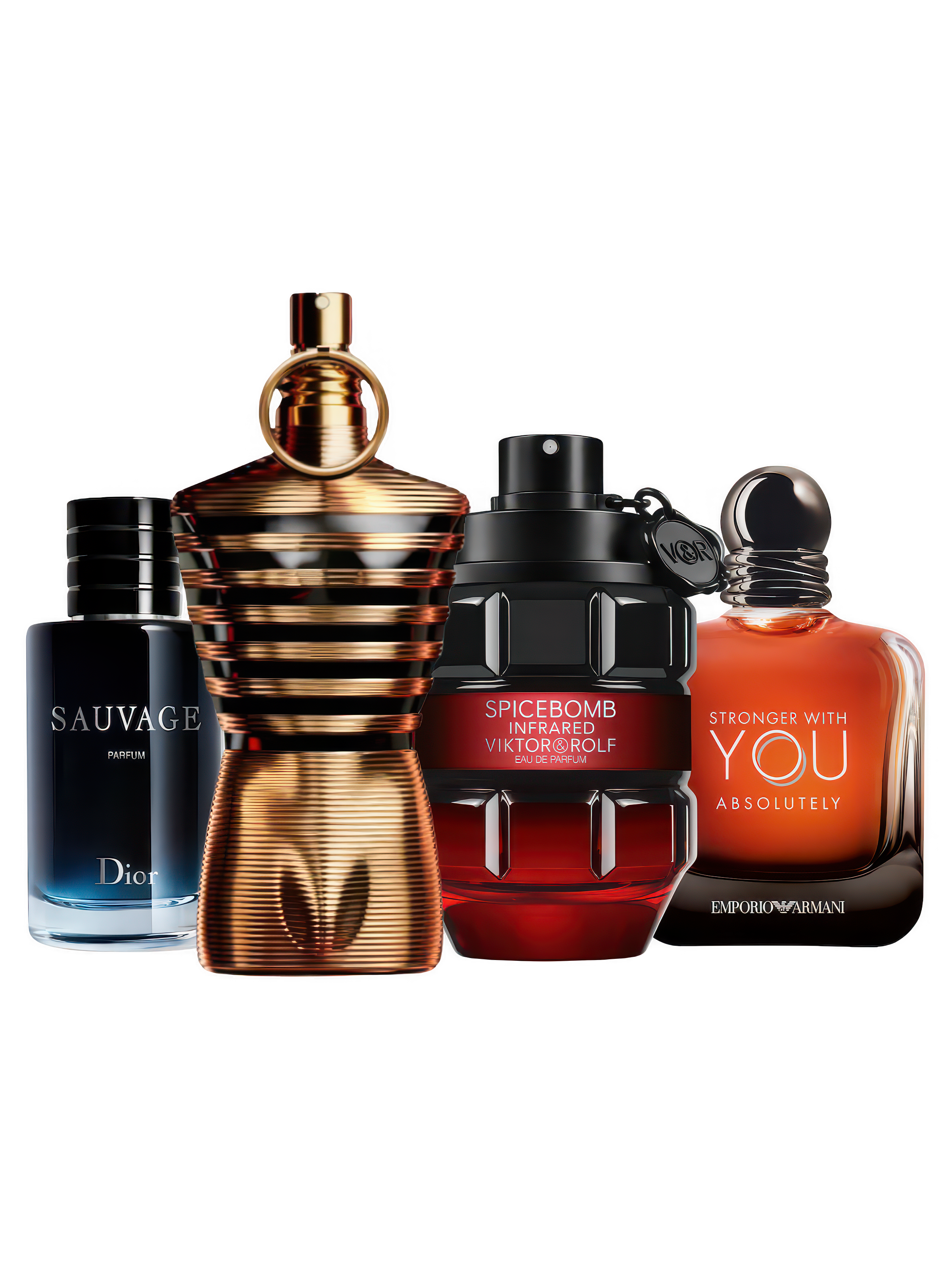 Proefset date night met Dior Sauvage Eau de Parfum, Jean Paul Gaultier Le Male Elixir, Viktor & Rolf Spicebomb Infrared en Armani Stronger With You Absolutely – verleidelijke parfum samples voor mannen