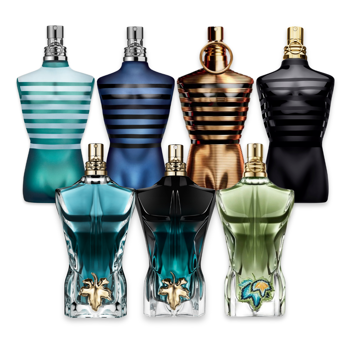 Proefset Jean Paul Gaultier met Ultra Male, Le Male Le Parfum, Le Male Elixir, Le Beau Le Parfum,Le Beau Paradise Garden, Le Male EDT en Le Beau EDT – parfum samples voor mannen